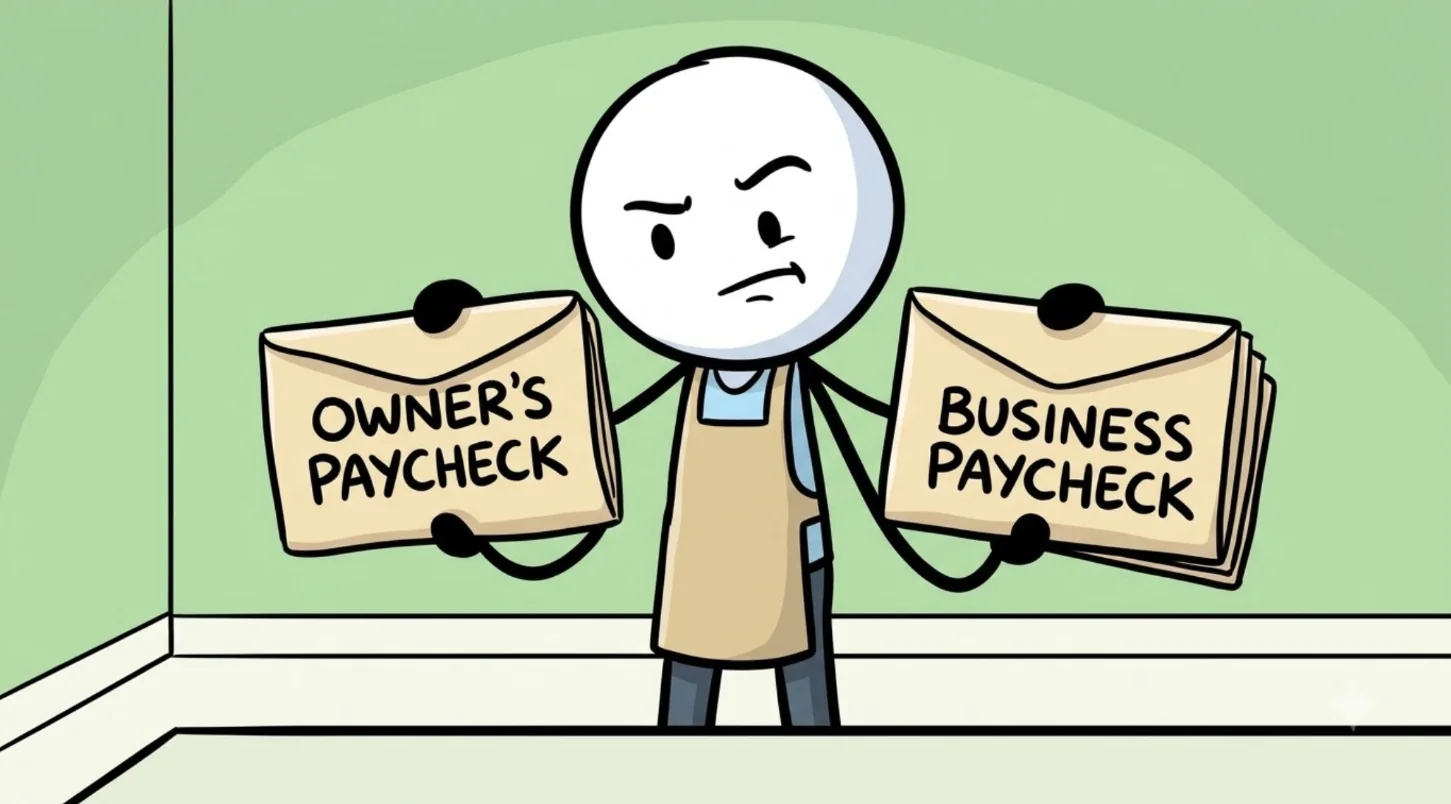 Finance channel: the stickman shop owner in an apron holds up two envelopes, Owner's Paycheck and Business Paycheck