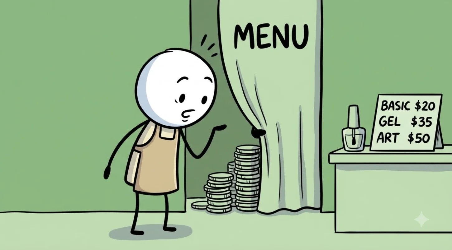 The same shop owner peeks behind a curtain marked Menu at stacks of coins, next to a nail-salon price sign