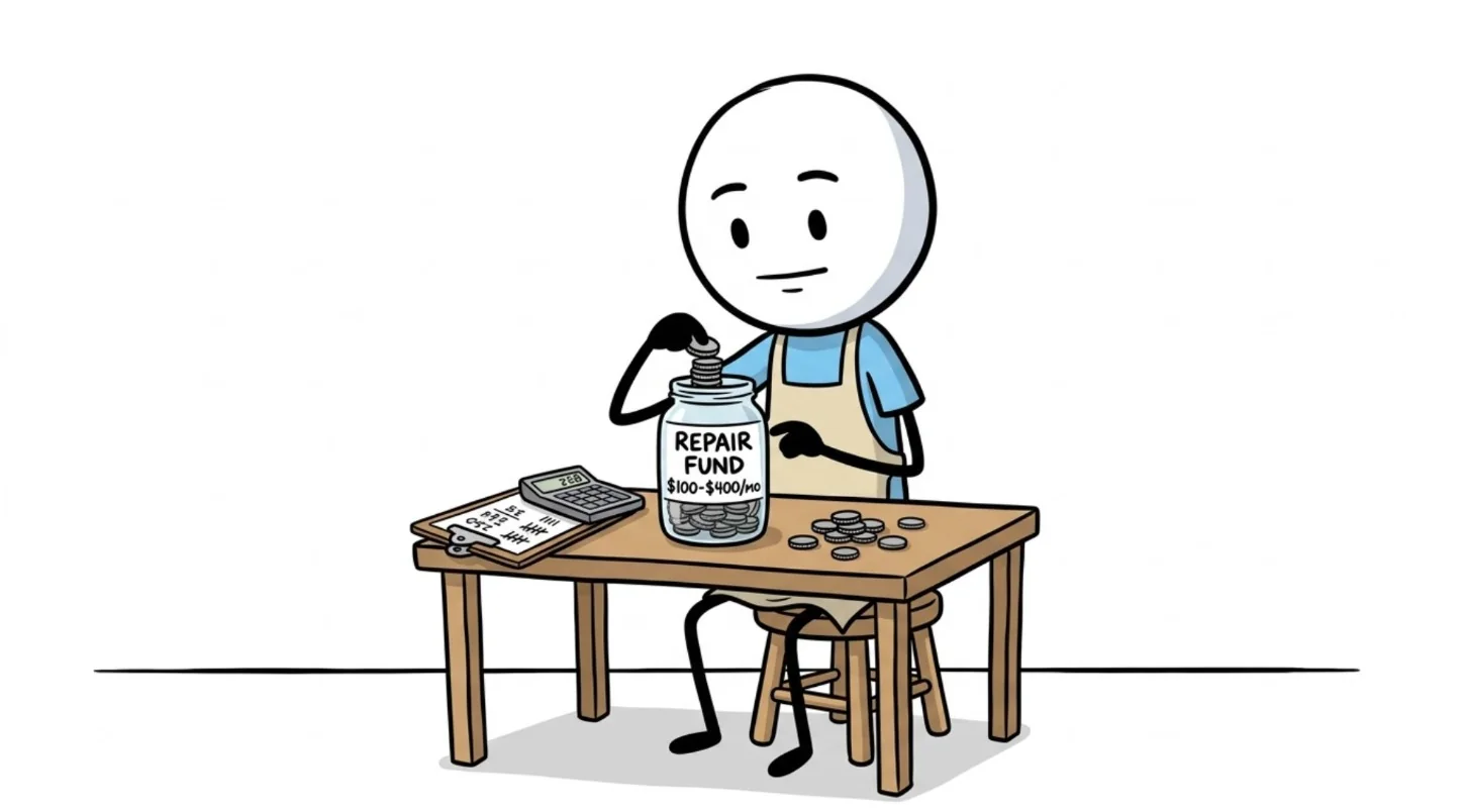 The same shop owner sits at a table dropping coins into a jar labelled Repair Fund