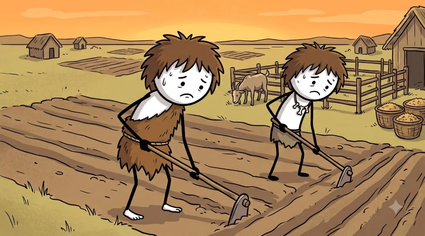 History channel: two shaggy-haired cavemen in fur tunics hoe a field at sunset, a goat in a pen behind them
