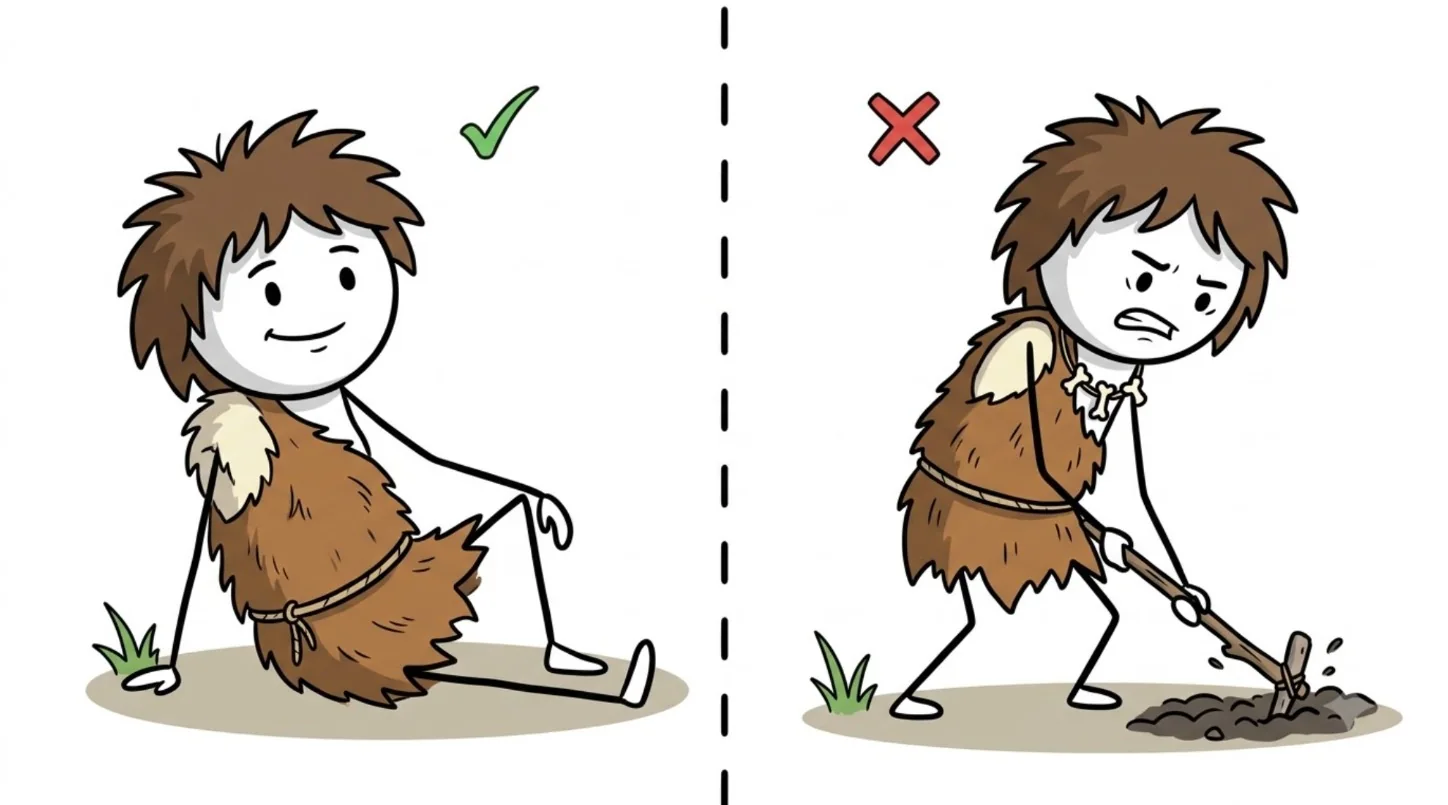 The same caveman in a split screen: resting on the ground under a green tick, digging with a hoe under a red cross