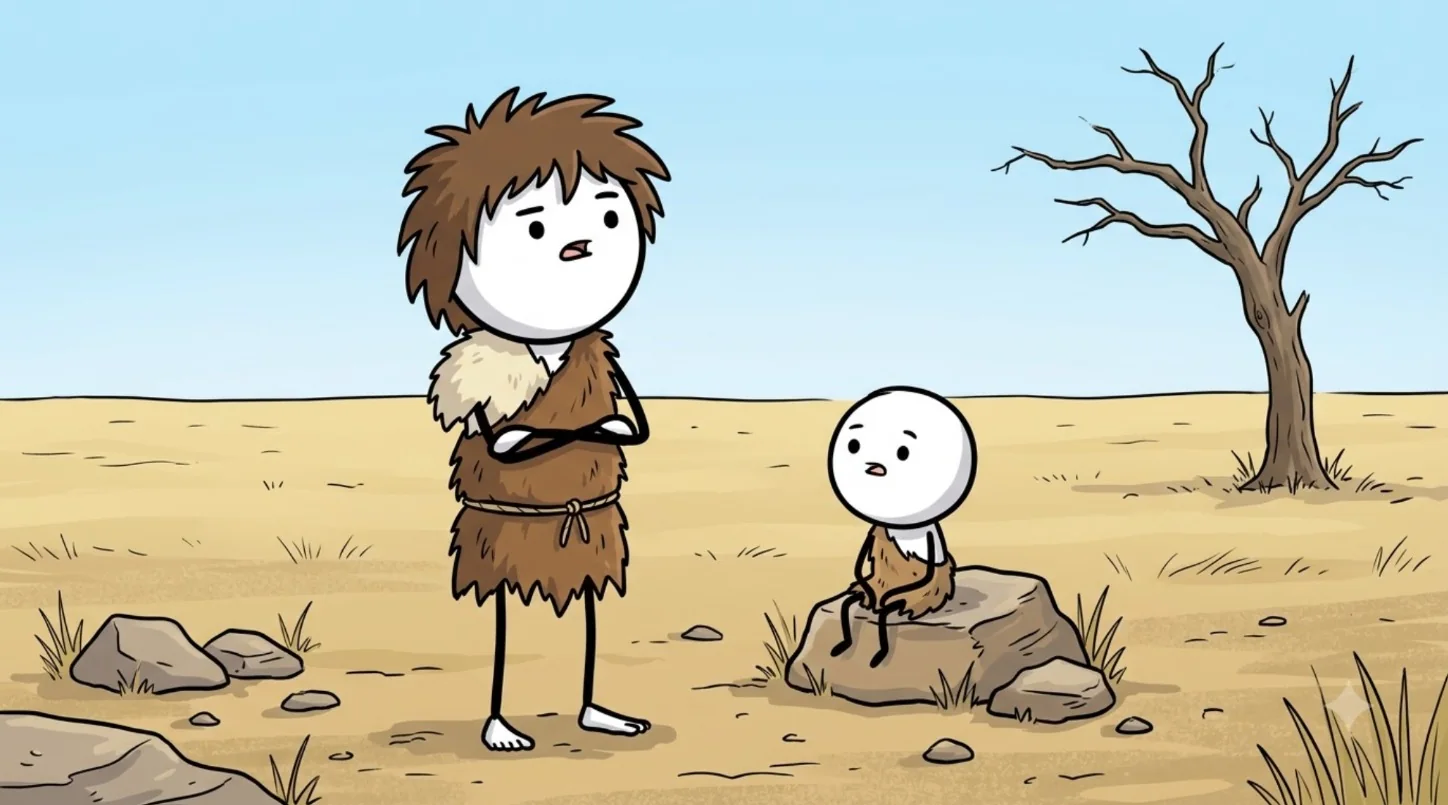The same caveman stands in a dry desert with his arms crossed, beside a small stickman sitting on a rock