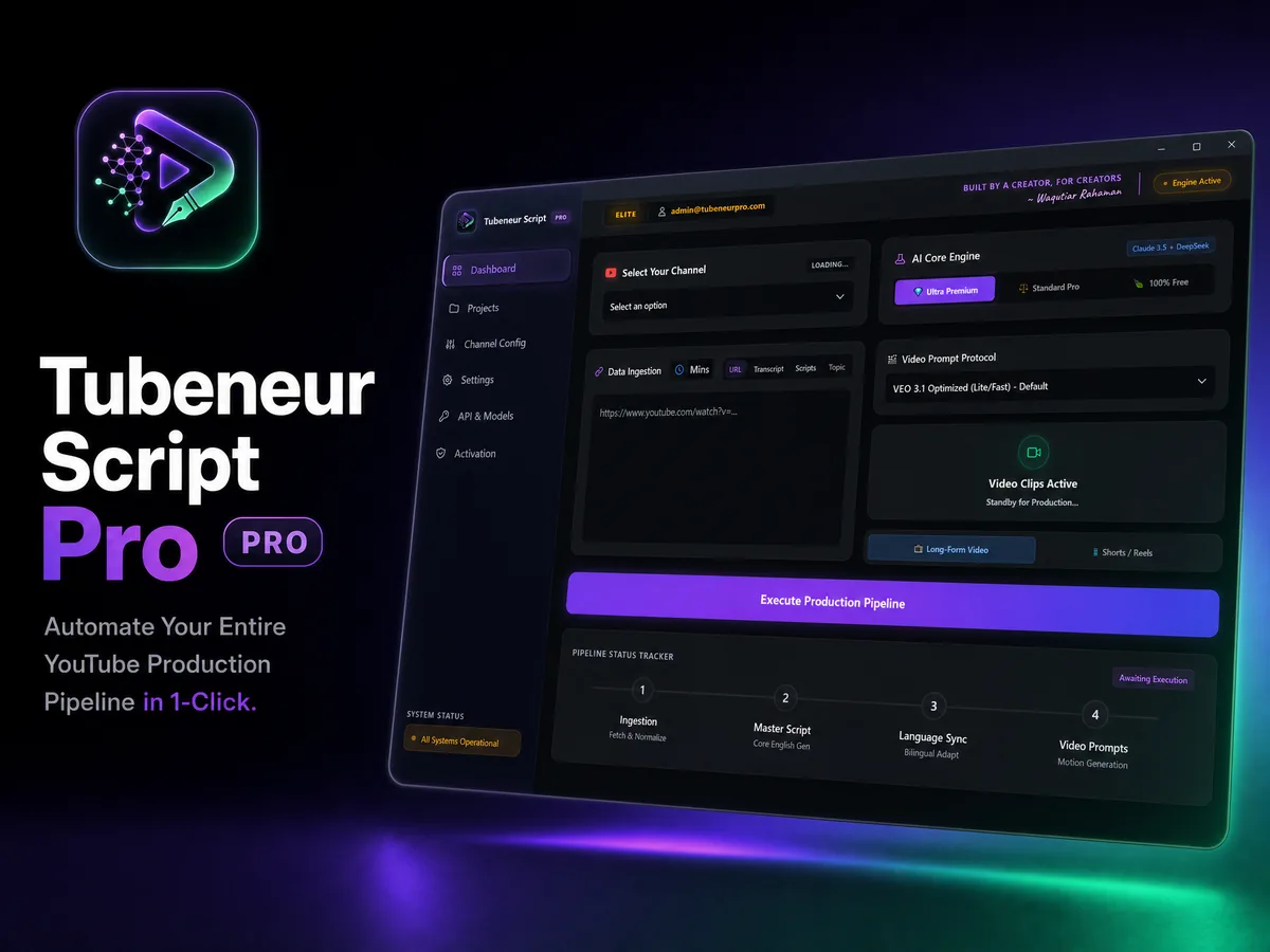 The Tubeneur Script Pro dashboard with its 4-stage pipeline tracker