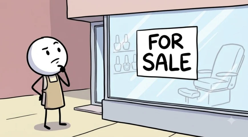 The stickman in a beige apron looks thoughtfully at a closed nail salon with a For Sale sign in the window