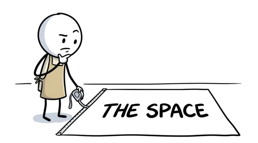 The same stickman holds a tape measure at the edge of an empty floor area marked The Space