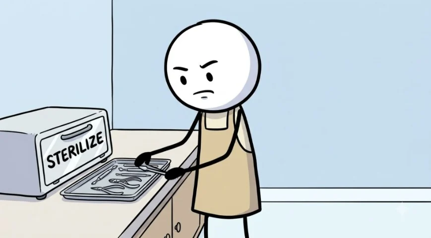 The same stickman, frowning, lays metal tools on a tray beside a box marked Sterilize