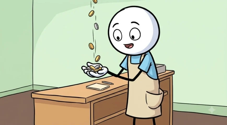 The same stickman smiles as coins fall into an open hand at a wooden counter