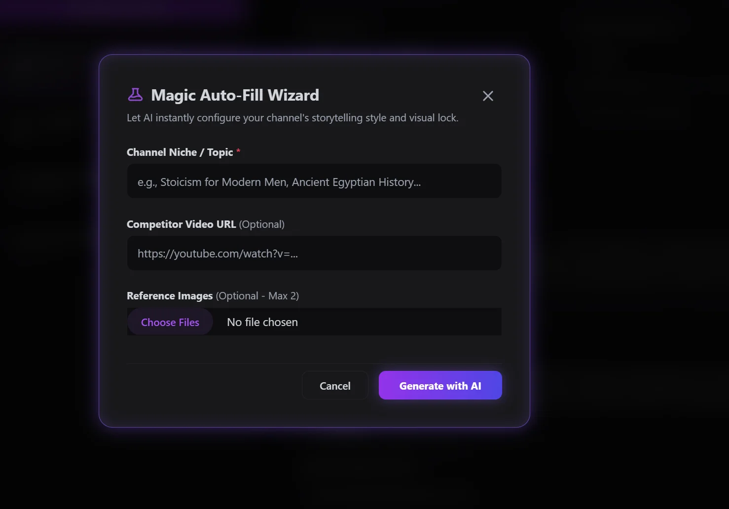 The Magic Auto-Fill Wizard: channel niche, an optional competitor video URL and up to two reference images