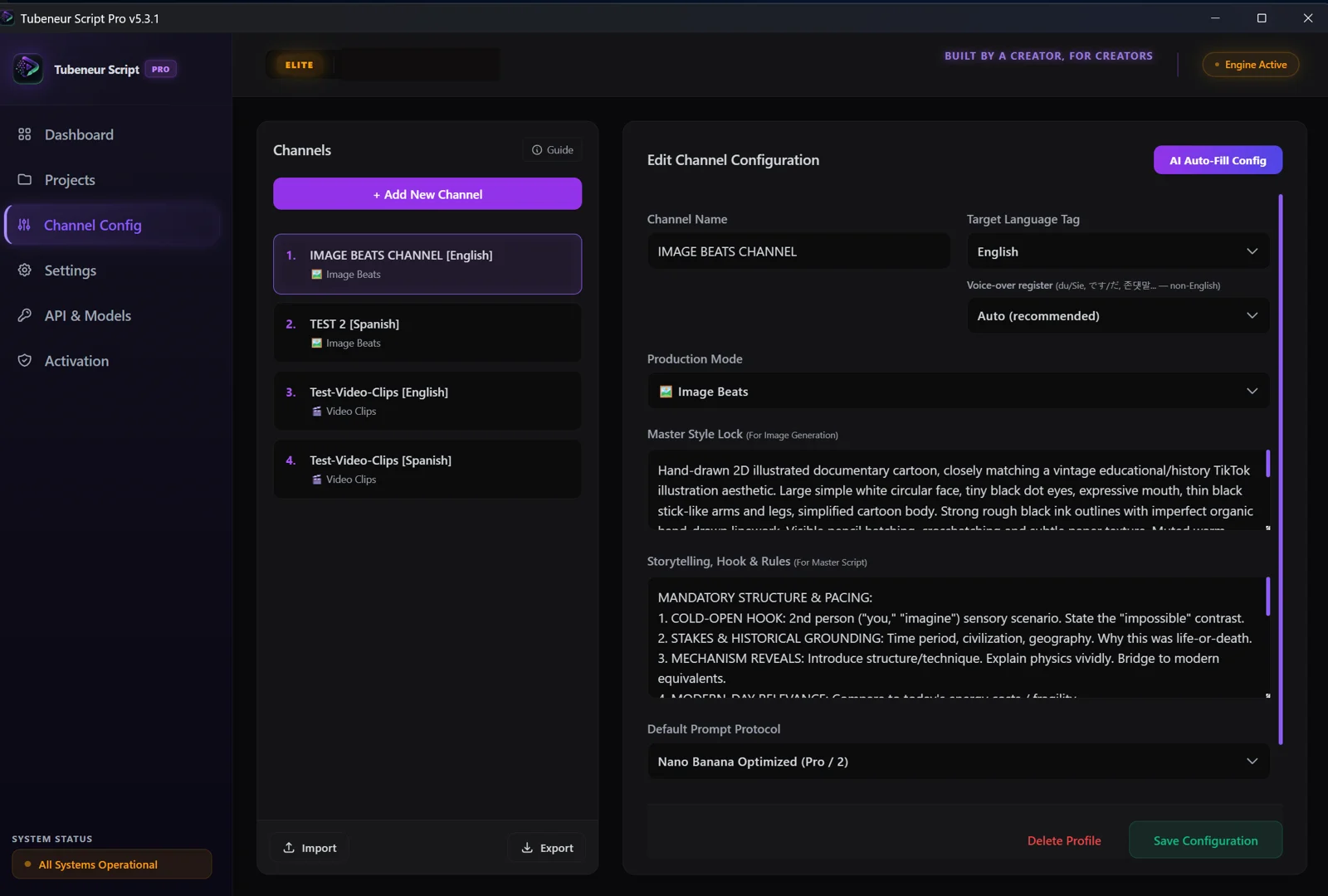 Script Pro's channel settings: channel name, language, production mode and the Master Style Lock