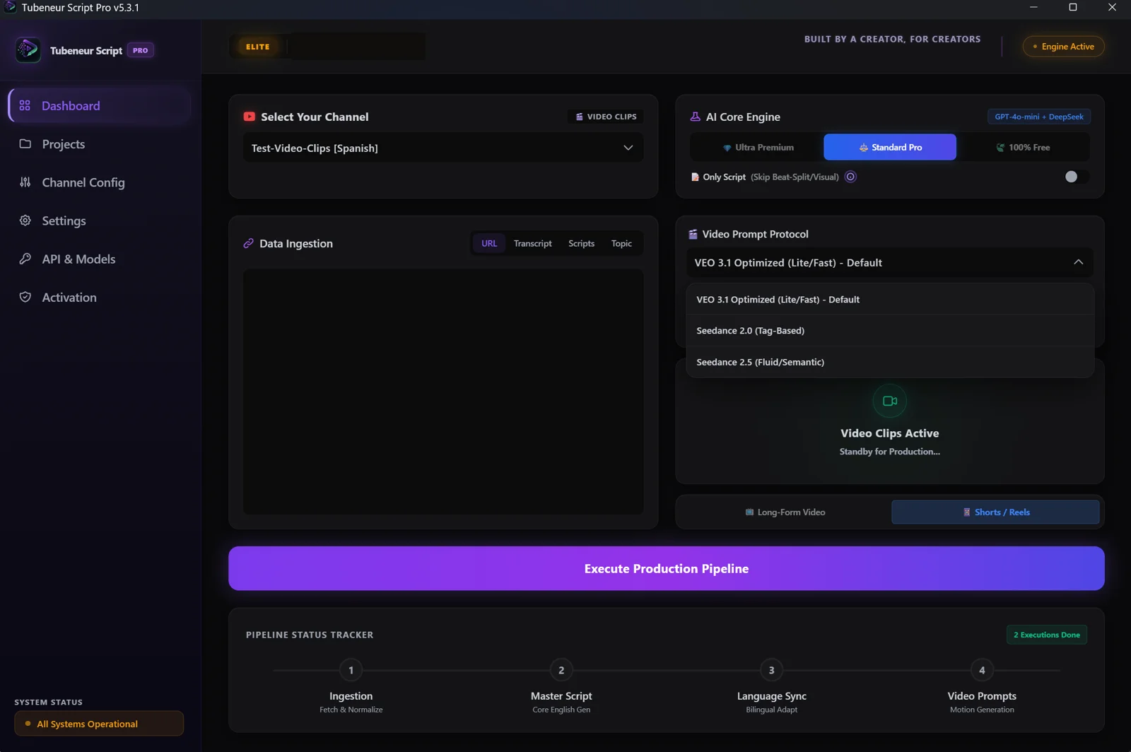 The dashboard's input panel with URL, Transcript, Scripts and Topic tabs